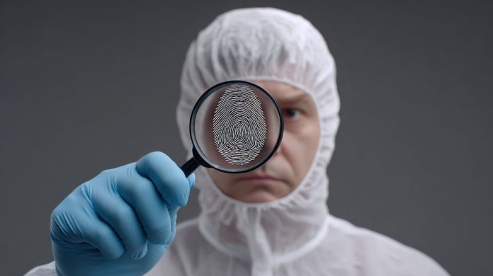 Person in protective suit examining fingerprint through magnifying glass for forensic analysis and investigation in laboratory setting
